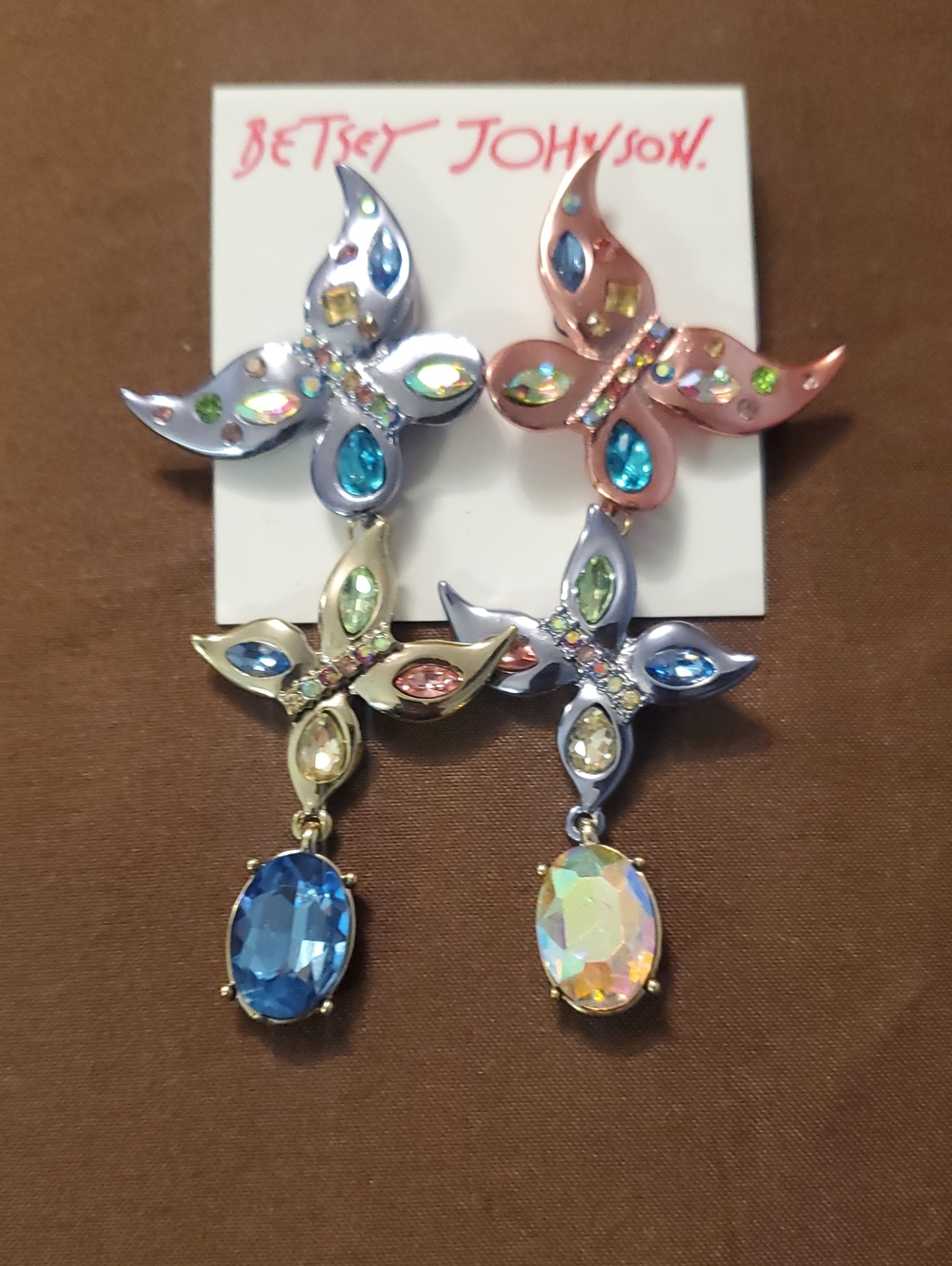 Betsey Johnson Multicolor Crystal Butterfly Drop Earrings